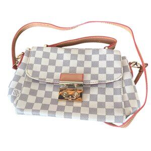 Damier Azur Look Shoulder Bag With Gold Clasp & Red Interior